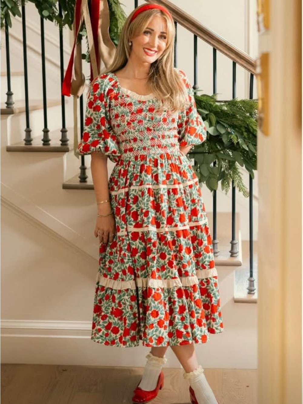 Ivy City Co Roselyn Holiday Red Floral Smocked Midi Dress